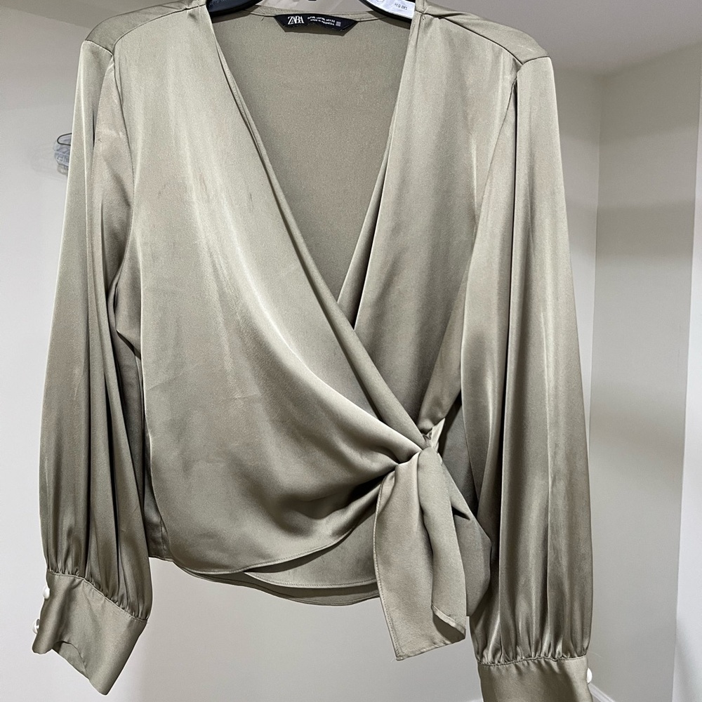 ZARA Satin Green Wrap Top with Pearl Buttons